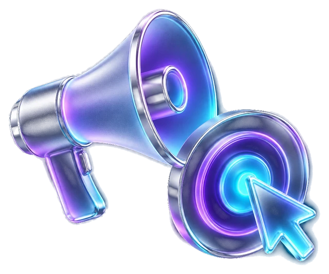 Glass megaphone and bullseye with a cursor click