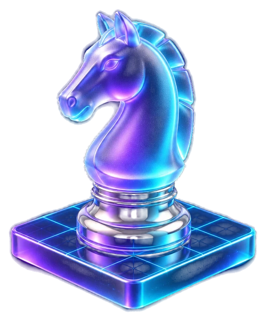 Glass chess knight on a glowing blueprint tile