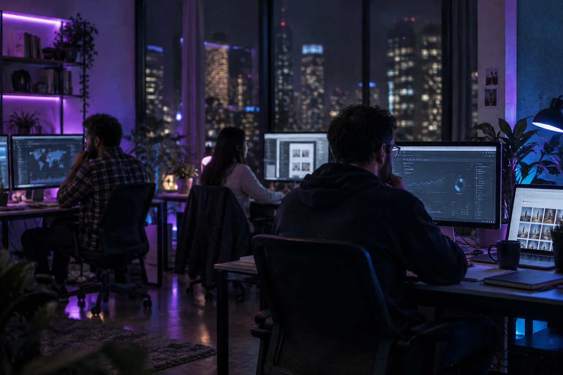OmniPresence team members working late at their desks in a dark office lit purple and cyan