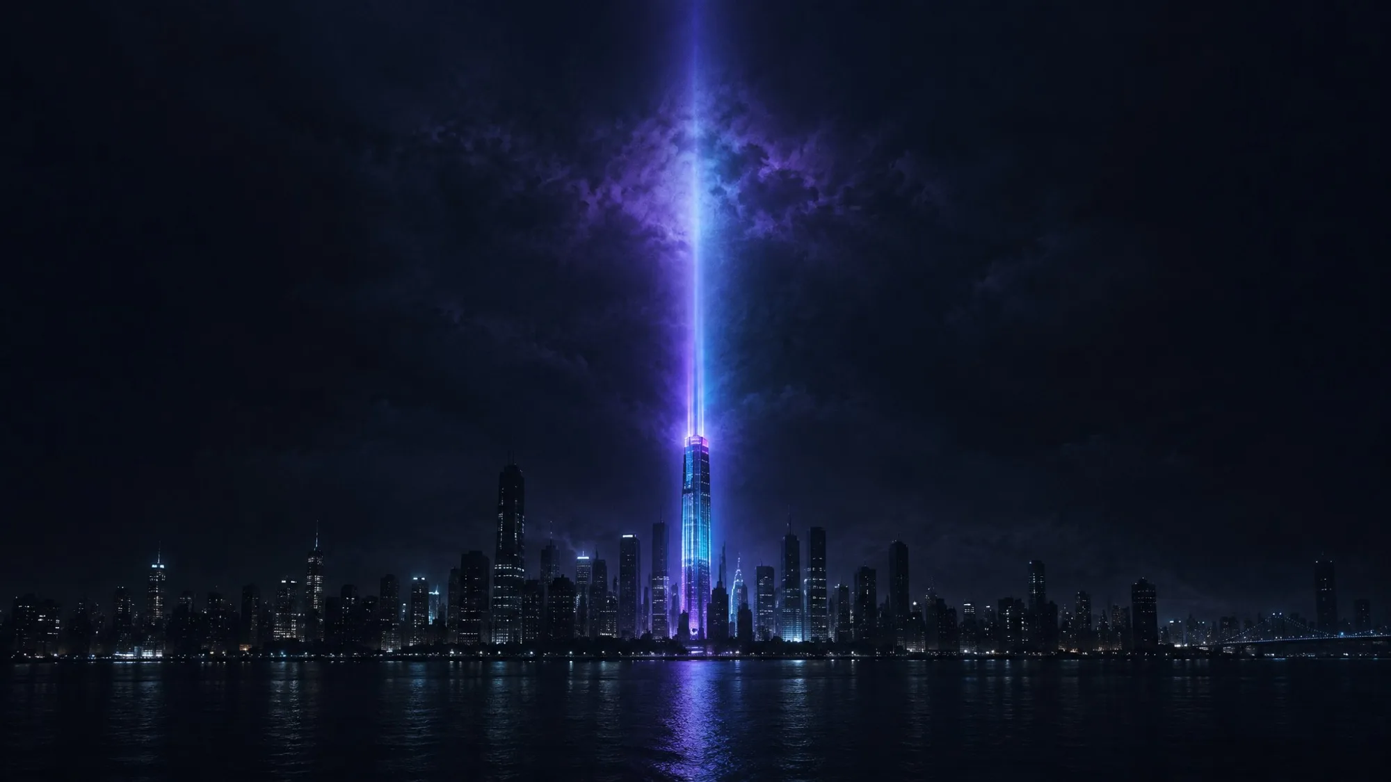 Night skyline with one building beaming purple and cyan light into the sky