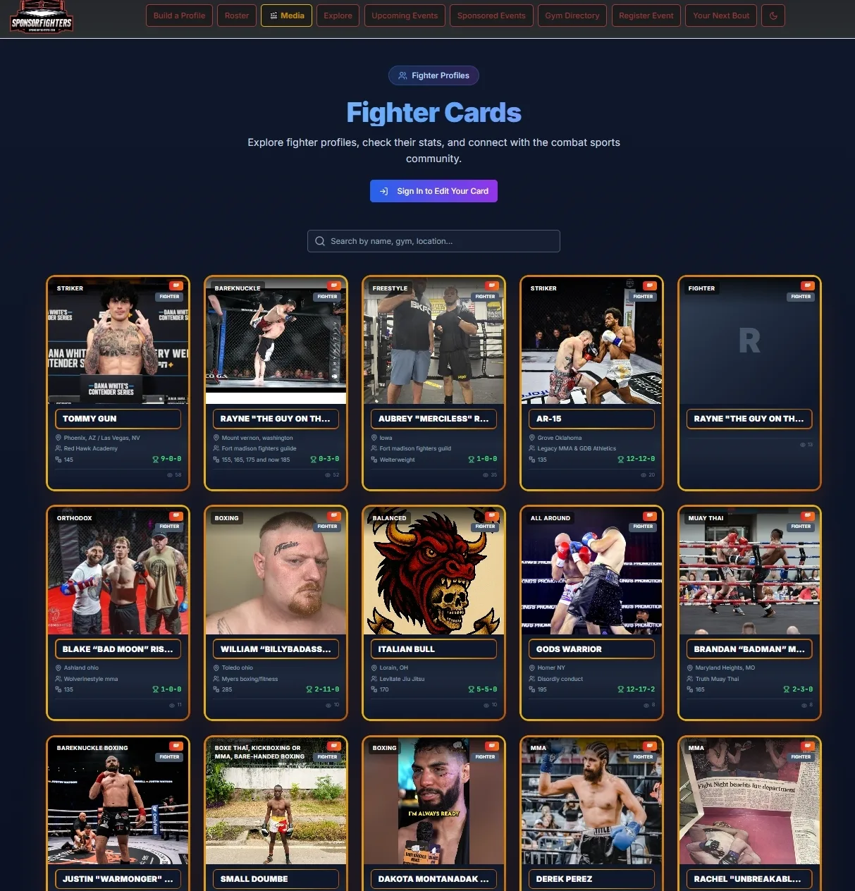 SponsorFighters — Combat sports platform screenshot